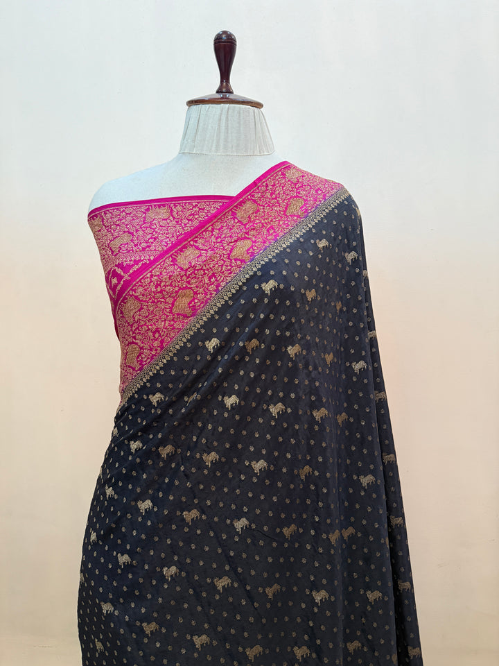 Black Pure Crepe Silk Handloom Banarasi Saree