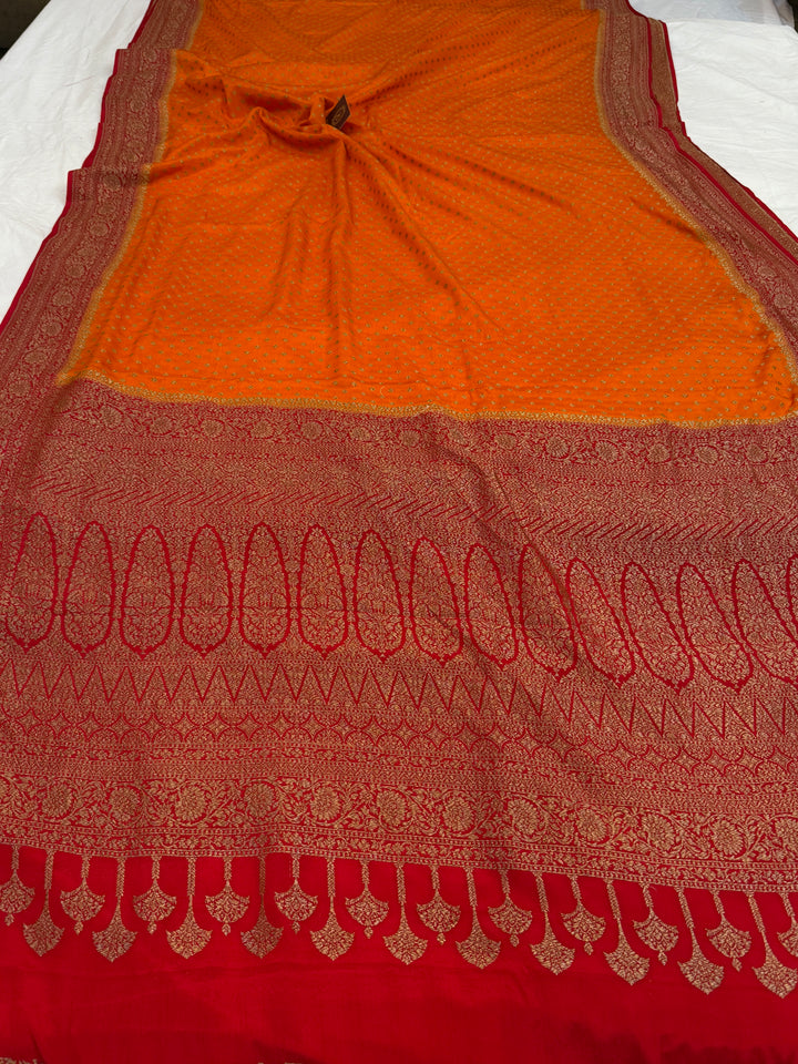 Orange Pure Crepe Silk Handloom Banarasi Saree