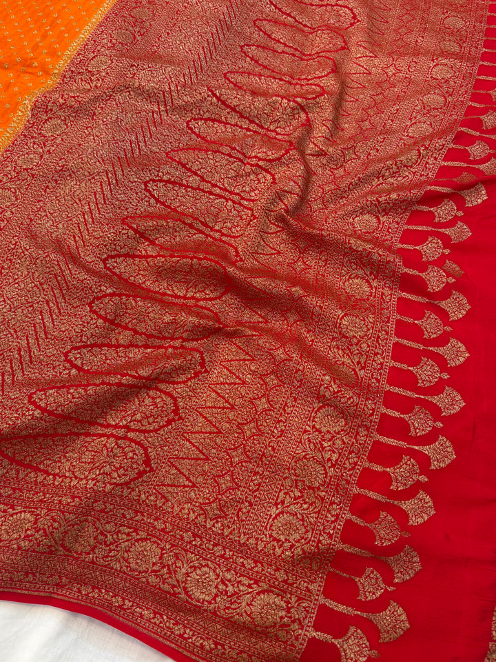 Orange Pure Crepe Silk Handloom Banarasi Saree