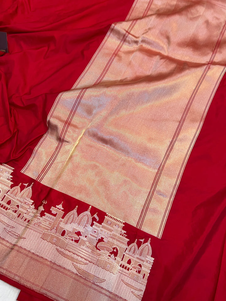 Red Banarasi Handloom Katan Silk Saree - Aura Benaras