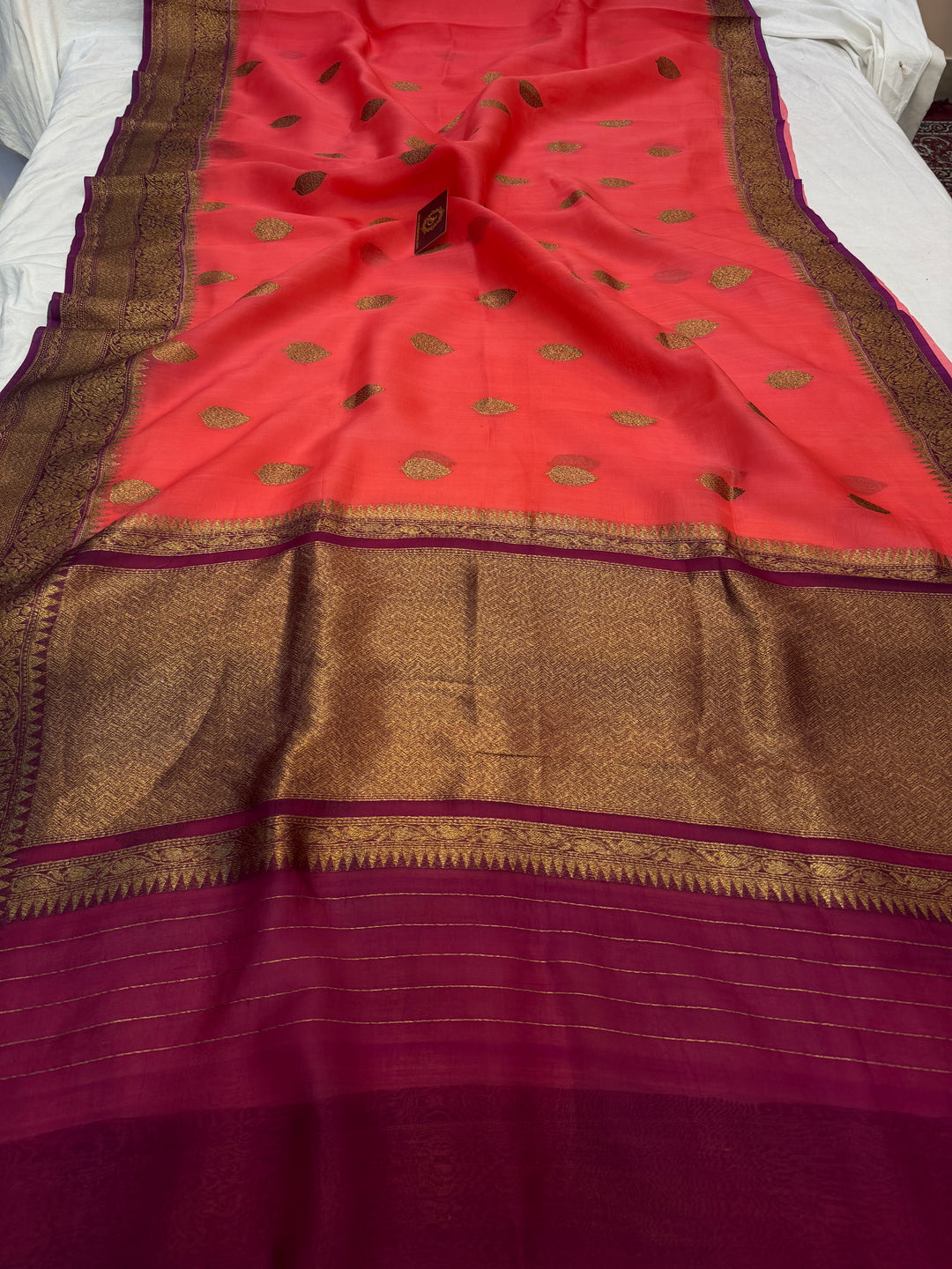 Peach Pure Kora Silk Handloom Banarasi Saree