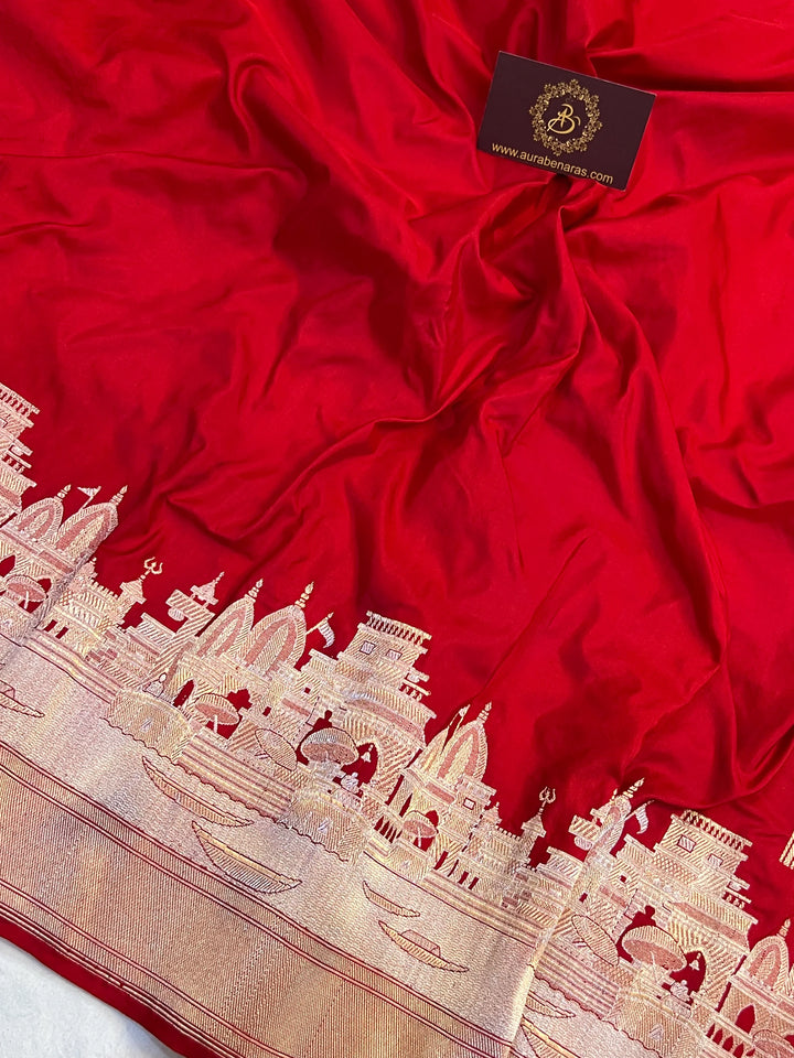 Red Banarasi Handloom Katan Silk Saree - Aura Benaras