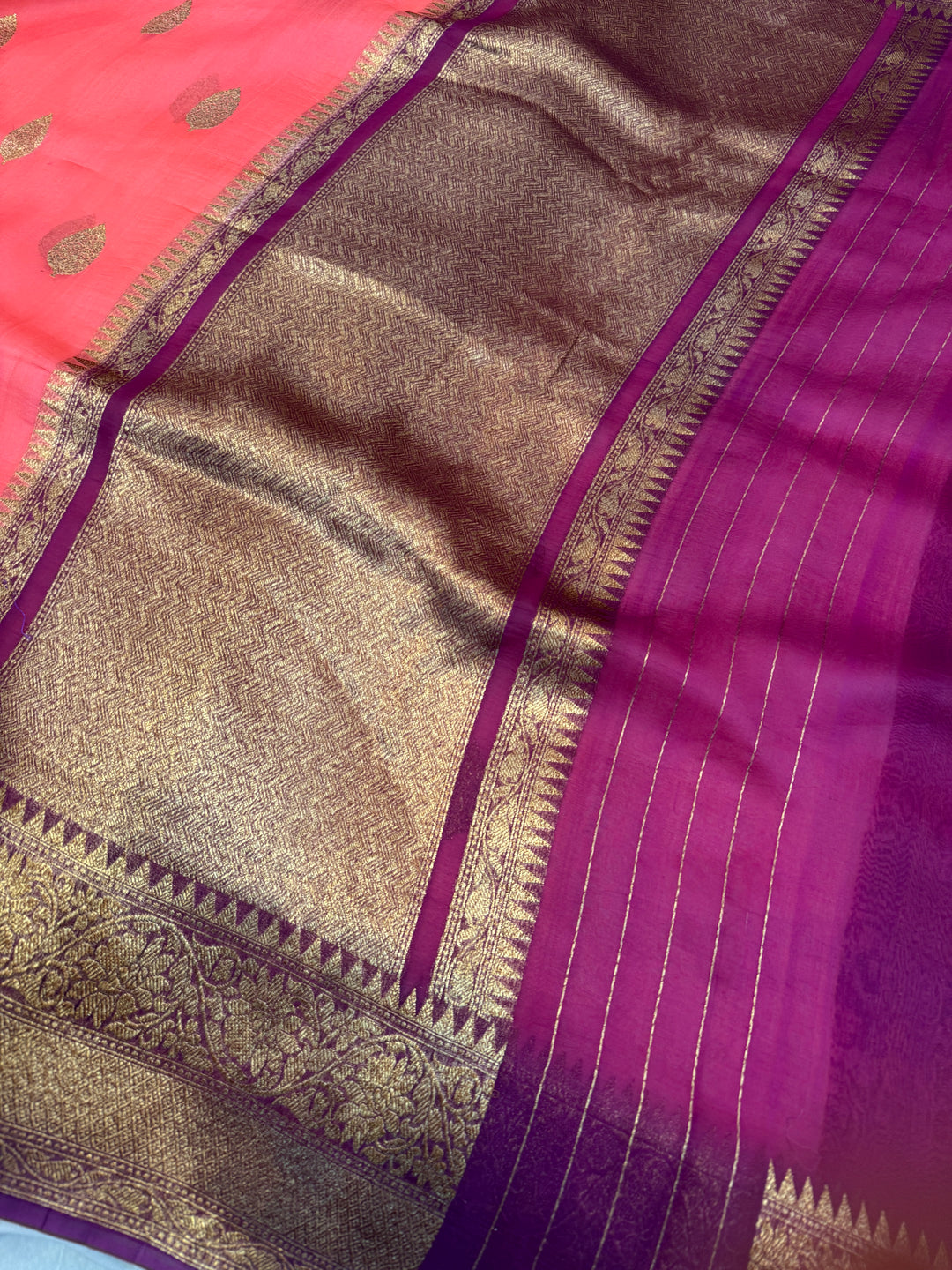 Peach Pure Kora Silk Handloom Banarasi Saree