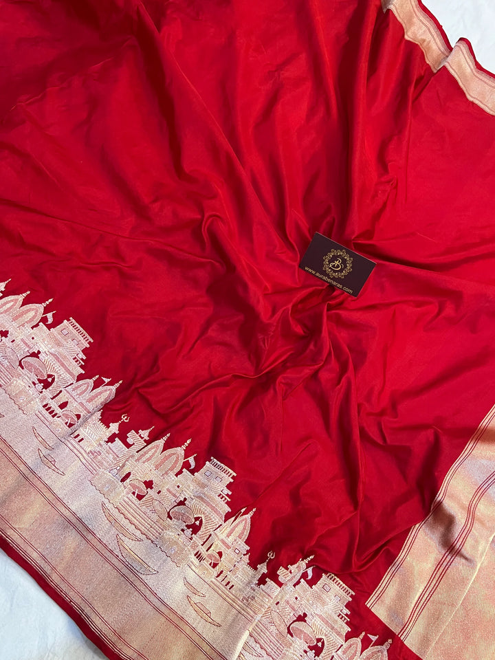 Red Banarasi Handloom Katan Silk Saree - Aura Benaras