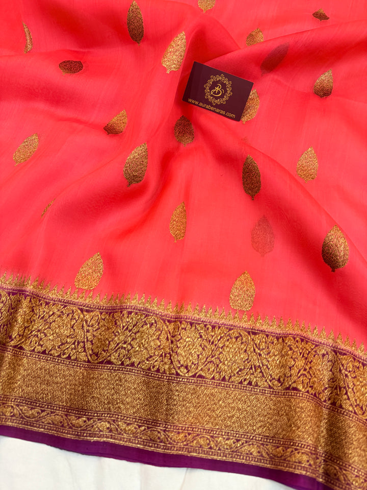 Peach Pure Kora Silk Handloom Banarasi Saree