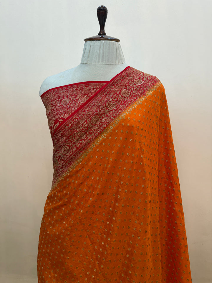 Orange Pure Crepe Silk Handloom Banarasi Saree