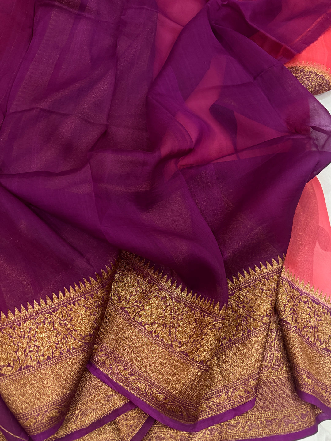 Peach Pure Kora Silk Handloom Banarasi Saree