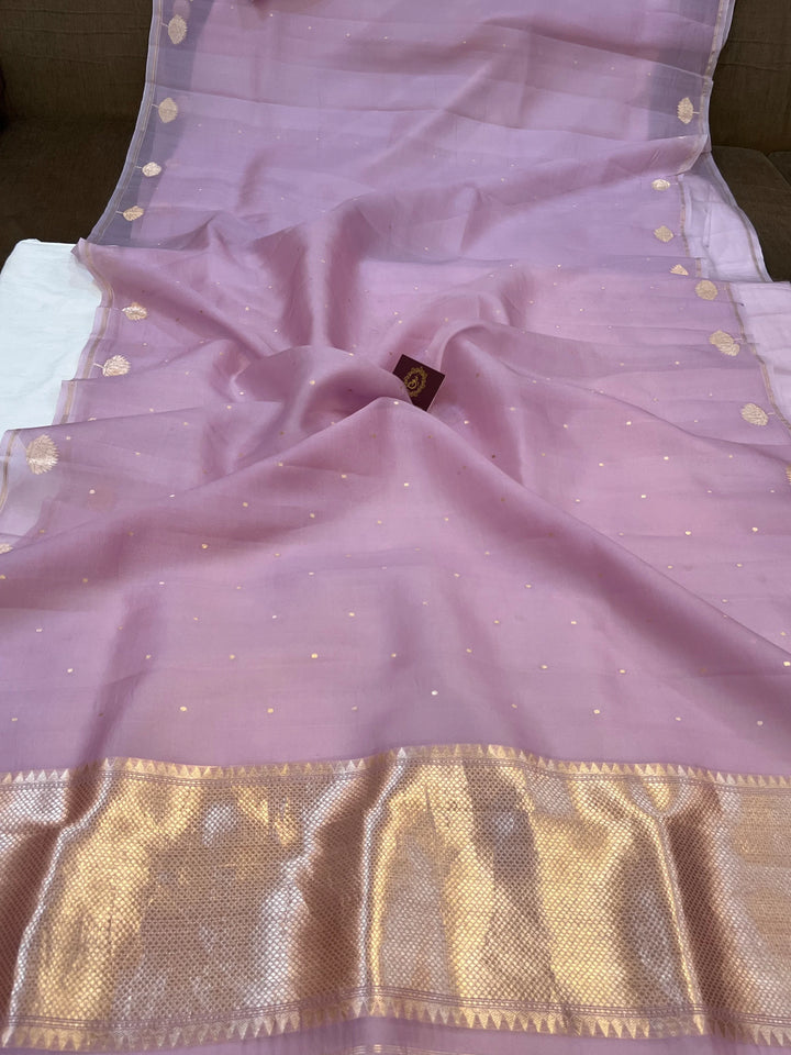 Dusty Lavender Pure Kora Silk Handloom Banarasi Saree - AuraBenaras