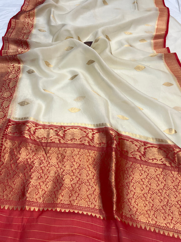 Cream Banarasi Handloom Kora Silk Saree