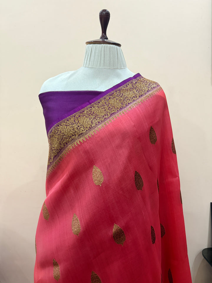 Peach Pure Kora Silk Handloom Banarasi Saree
