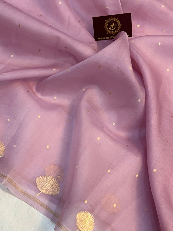 Dusty Lavender Pure Kora Silk Handloom Banarasi Saree - AuraBenaras