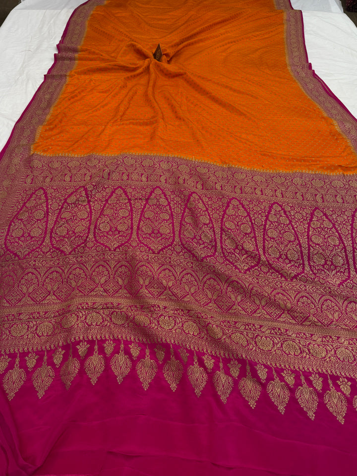 Orange Pure Crepe Silk Handloom Banarasi Saree