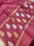Onion Pink Banarasi Handloom Kora Silk Saree - Aura Benaras