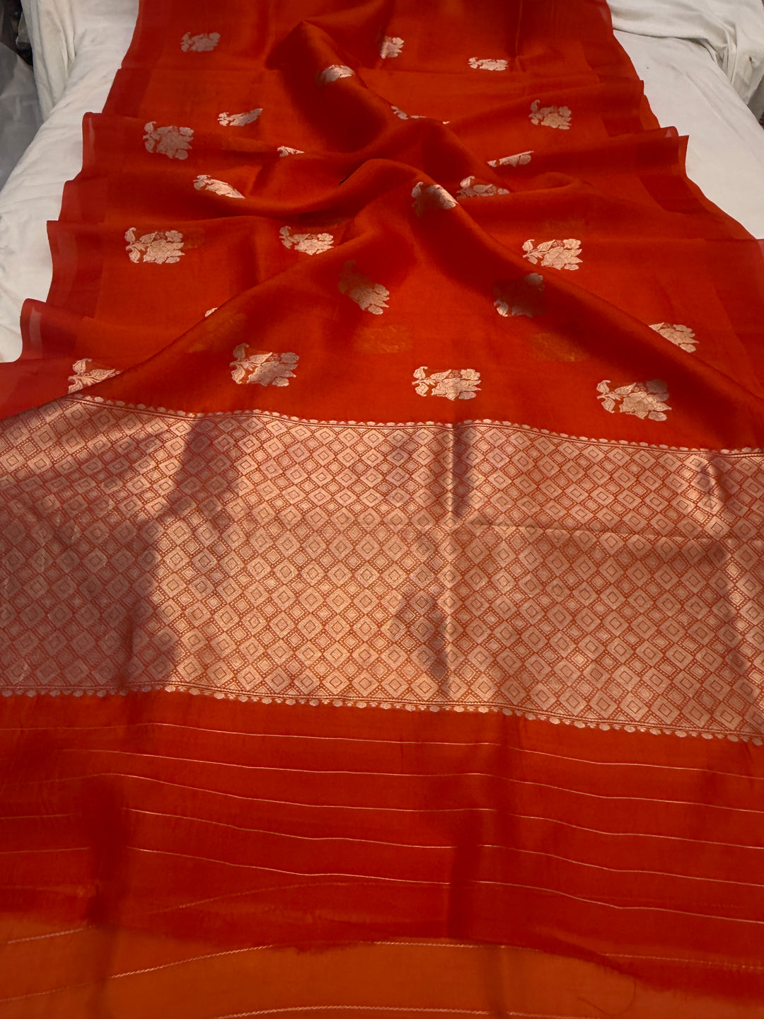 Orange Pure Kora Silk Handloom Banarasi Saree