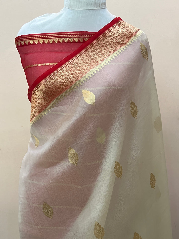 Cream Banarasi Handloom Kora Silk Saree