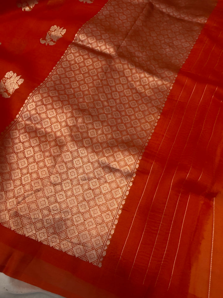 Orange Pure Kora Silk Handloom Banarasi Saree
