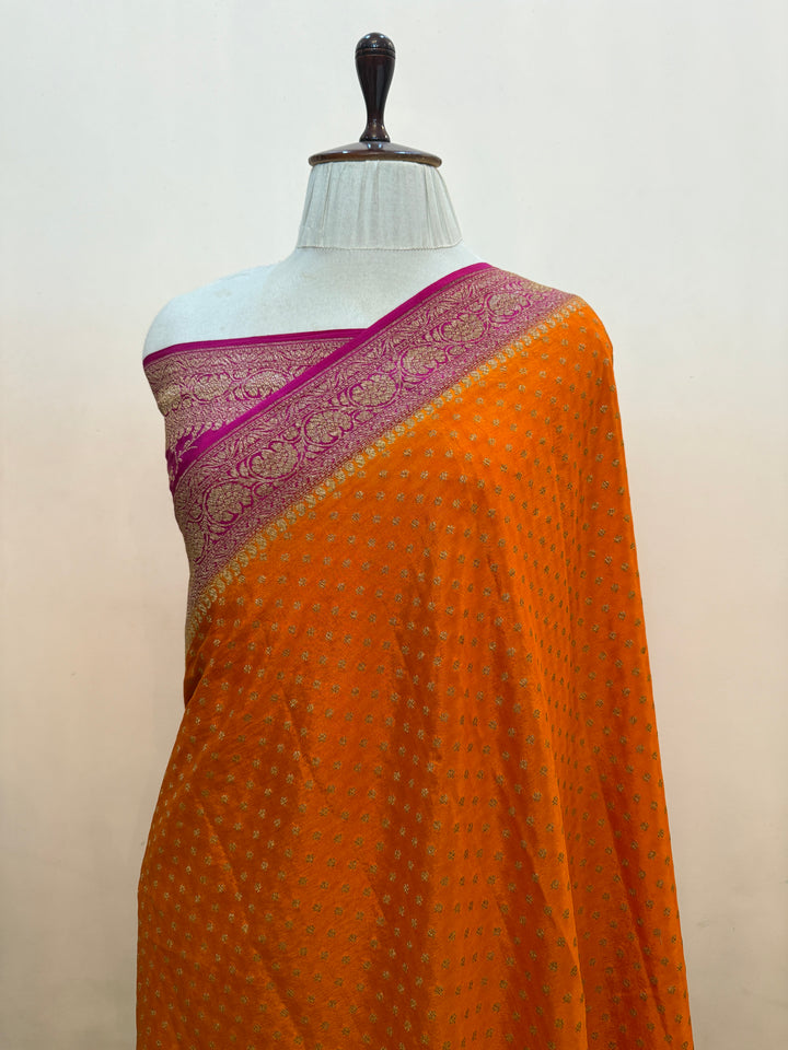 Orange Pure Crepe Silk Handloom Banarasi Saree
