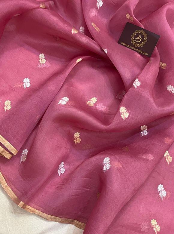Onion Pink Banarasi Handloom Kora Silk Saree - Aura Benaras