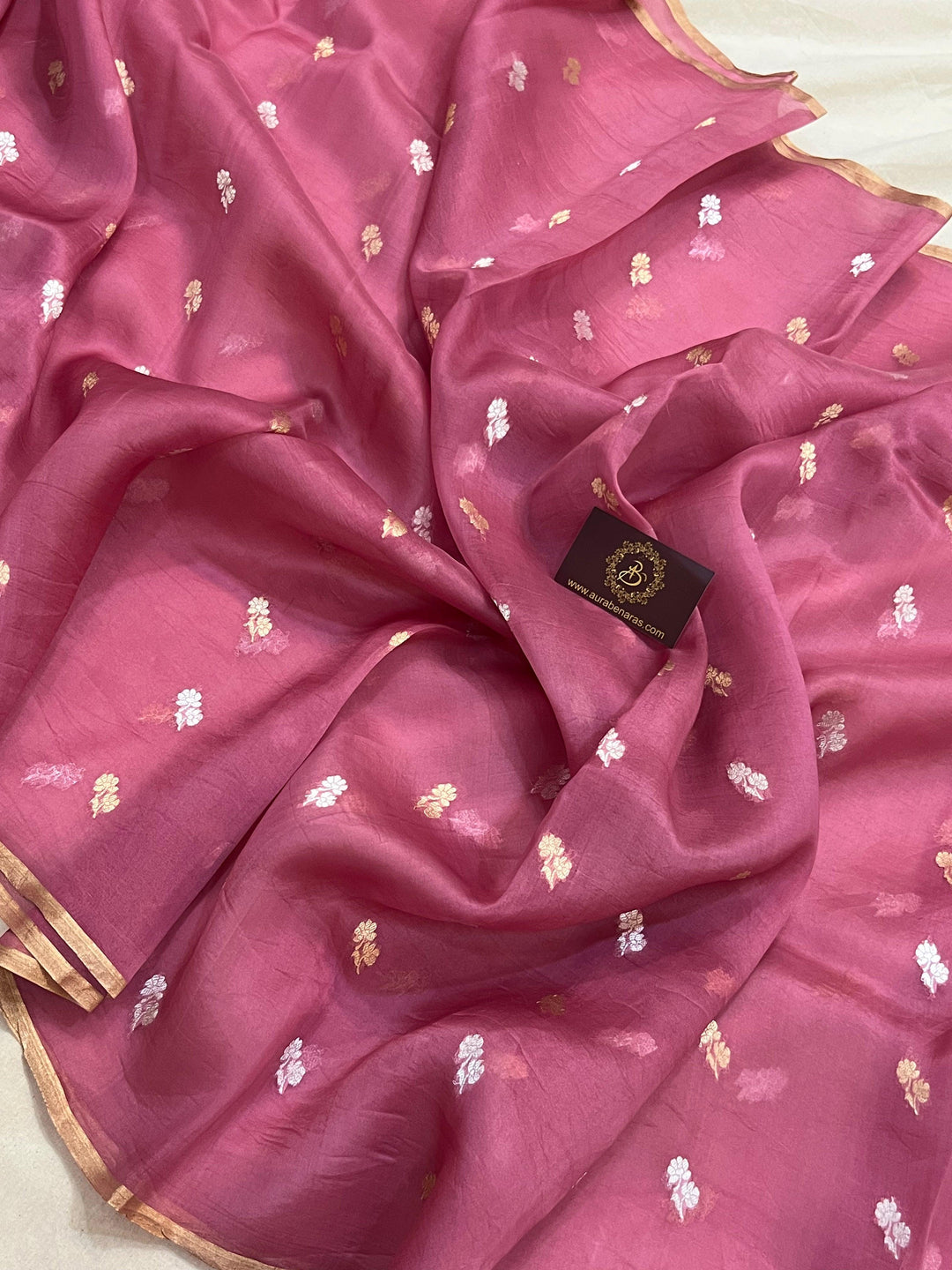 Onion Pink Banarasi Handloom Kora Silk Saree - Aura Benaras
