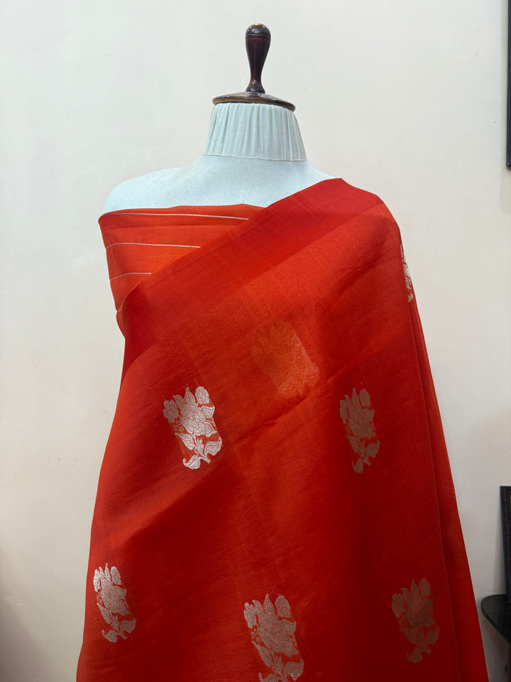 Orange Pure Kora Silk Handloom Banarasi Saree
