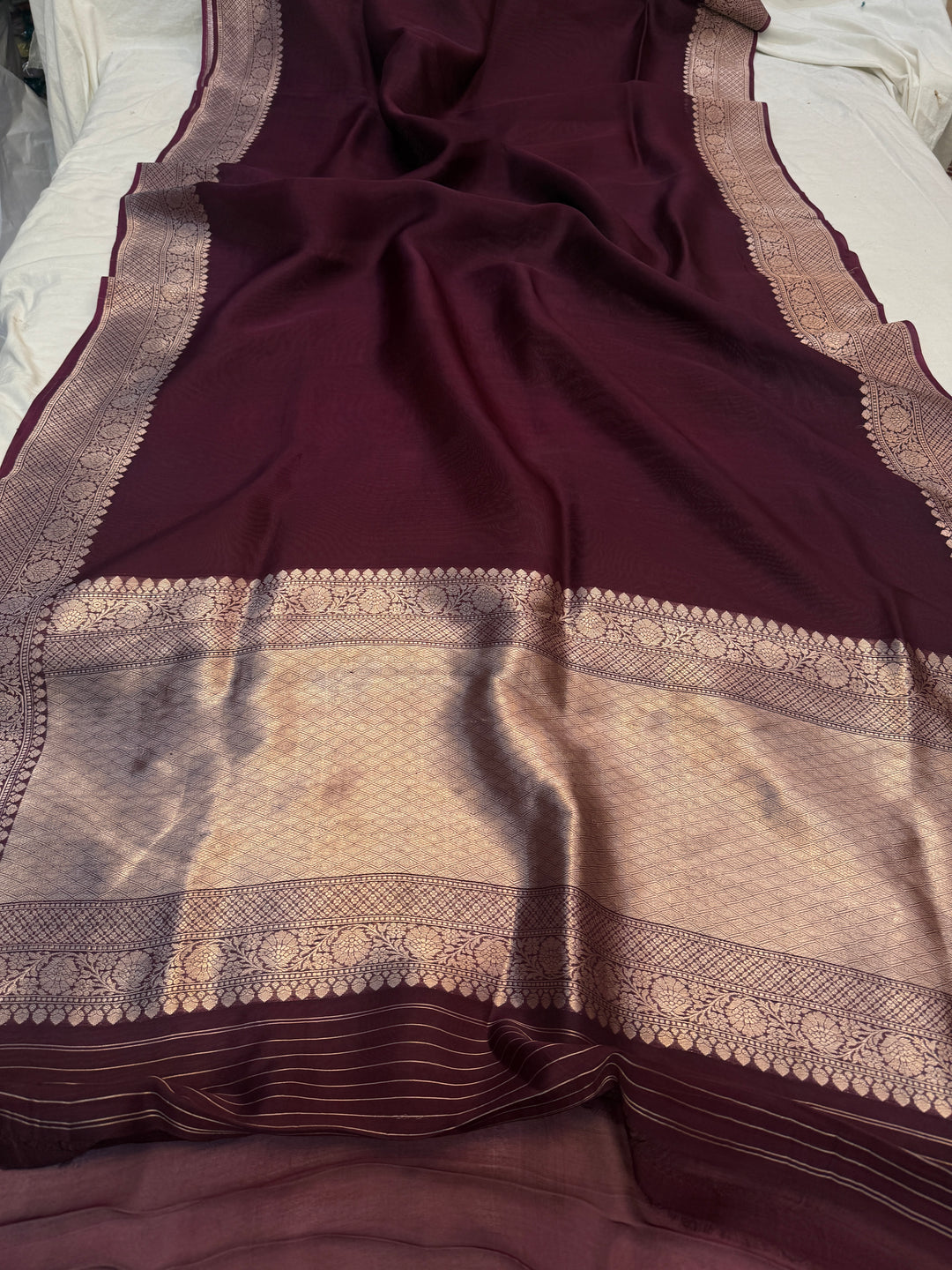 Wine Pure Banarasi Handloom Kora Silk Saree
