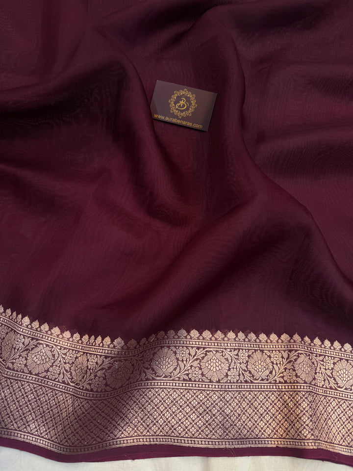 Wine Pure Banarasi Handloom Kora Silk Saree