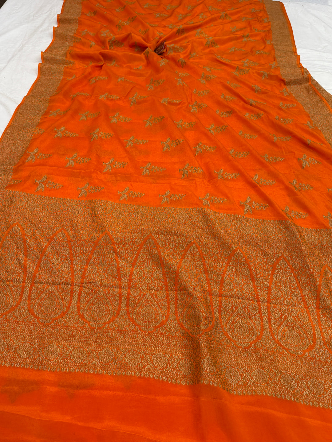 Orange Pure Crepe Silk Handloom Banarasi Saree