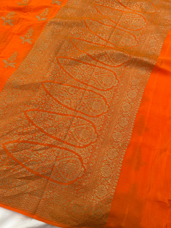 Orange Pure Crepe Silk Handloom Banarasi Saree