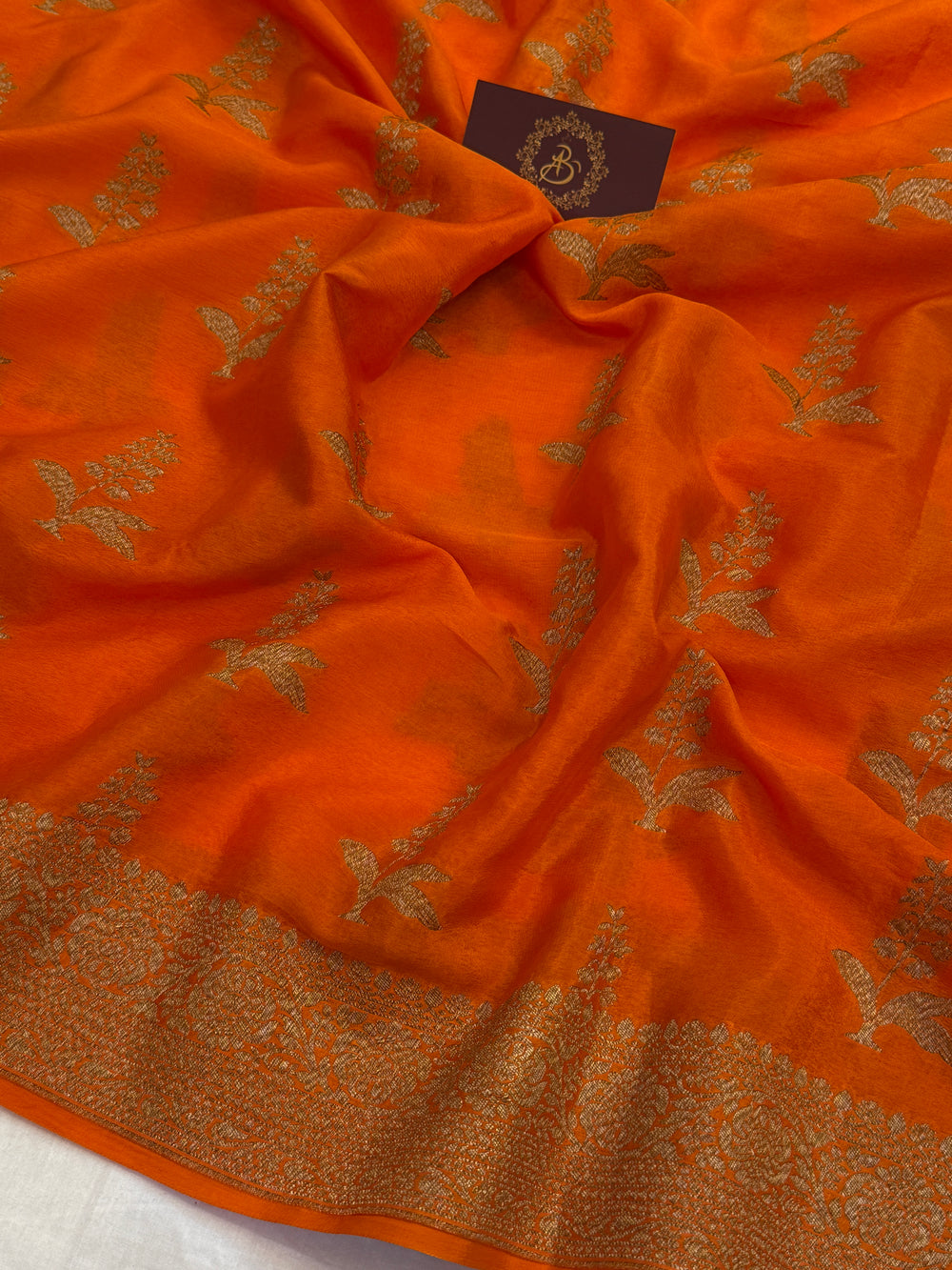 Orange Pure Crepe Silk Handloom Banarasi Saree