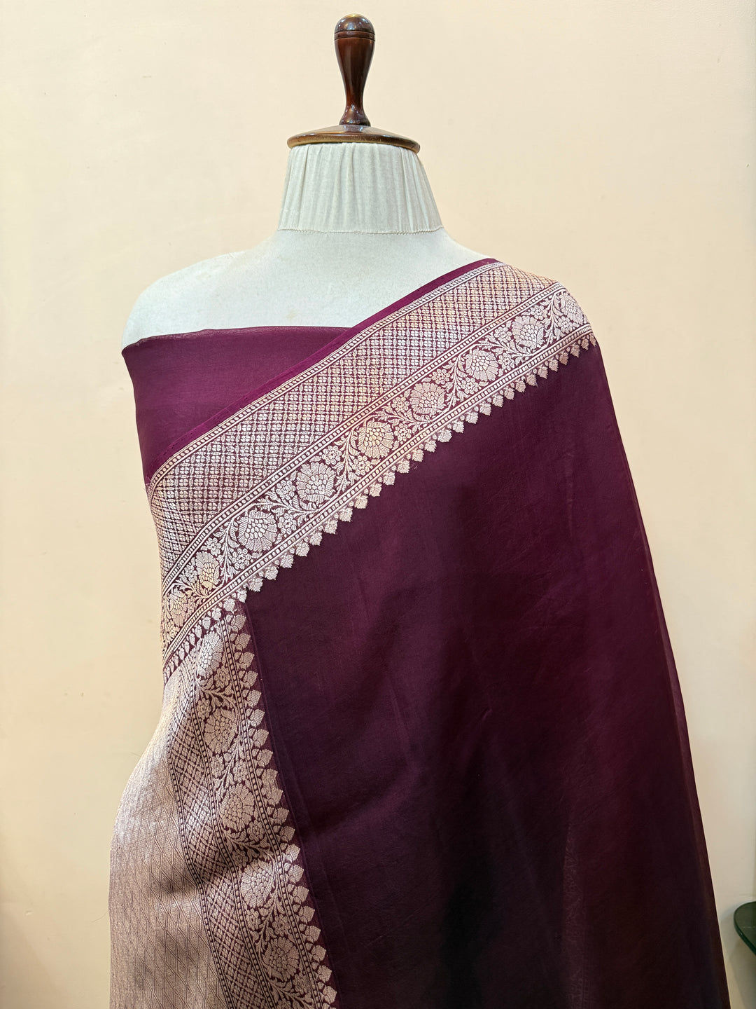 Wine Pure Banarasi Handloom Kora Silk Saree