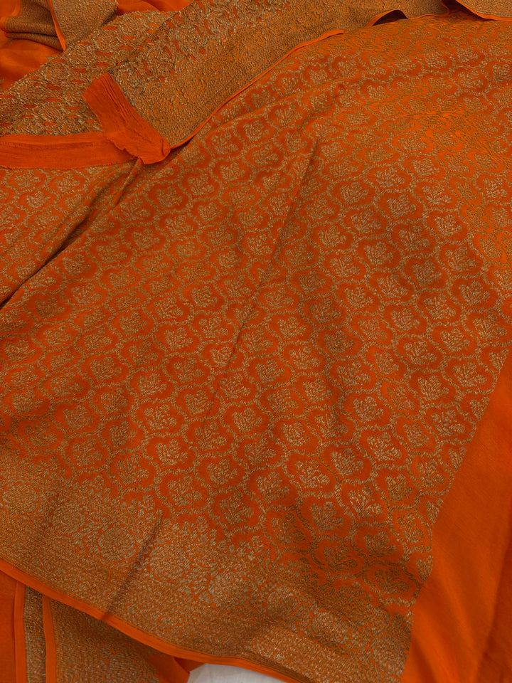 Orange Pure Crepe Silk Handloom Banarasi Saree