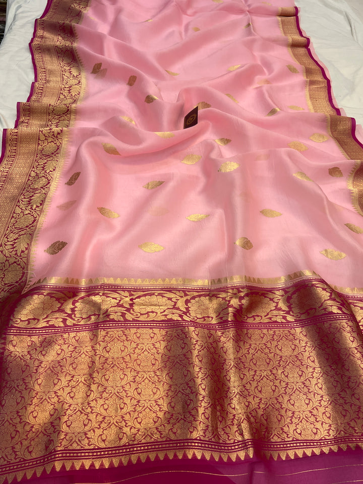 Baby Pink Banarasi Handloom Kora Silk Saree