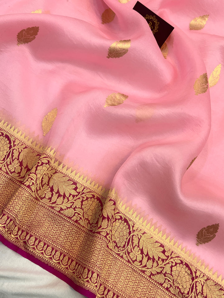 Baby Pink Banarasi Handloom Kora Silk Saree