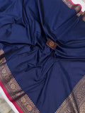 Navy Blue Banarasi Handloom Soft Silk Saree - Aura Benaras