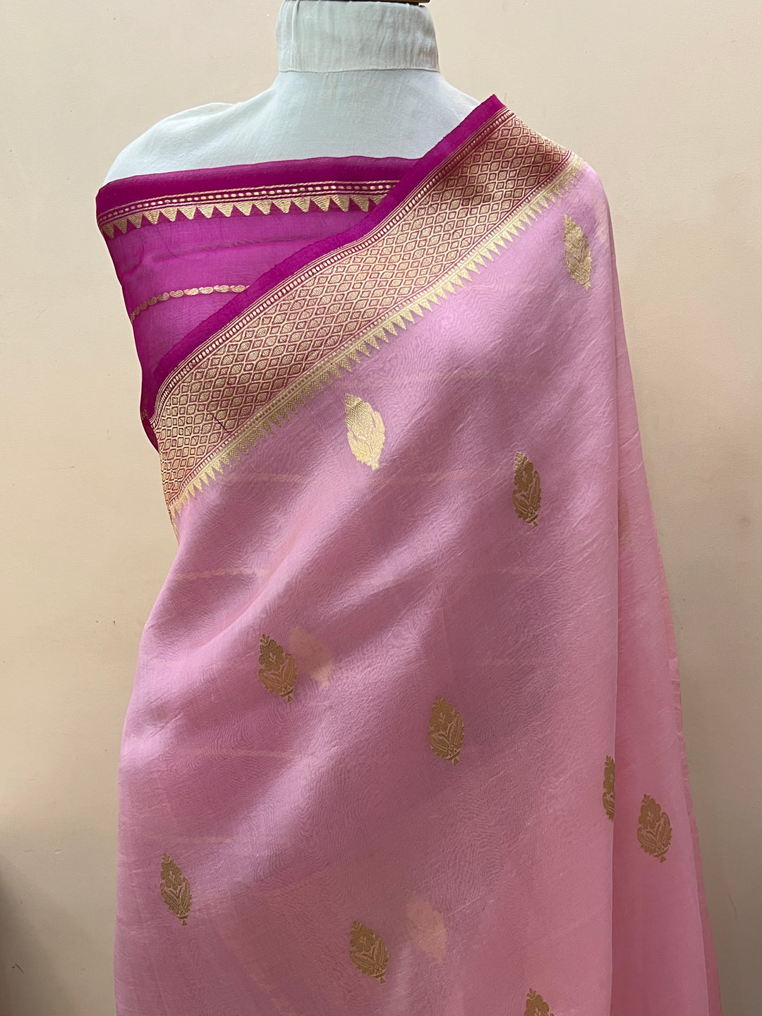 Baby Pink Banarasi Handloom Kora Silk Saree