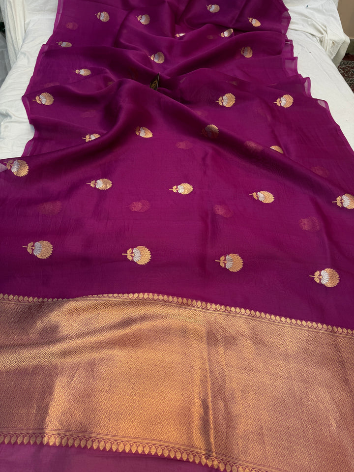 Magenta Purple Pure Kora Silk Handloom Banarasi Saree