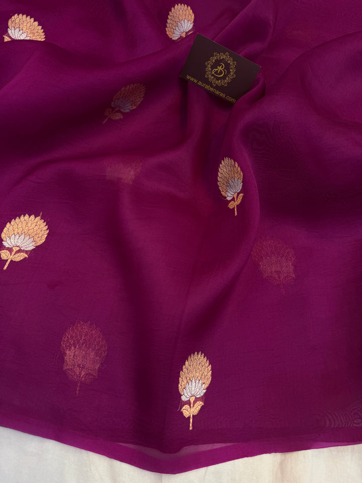 Magenta Purple Pure Kora Silk Handloom Banarasi Saree