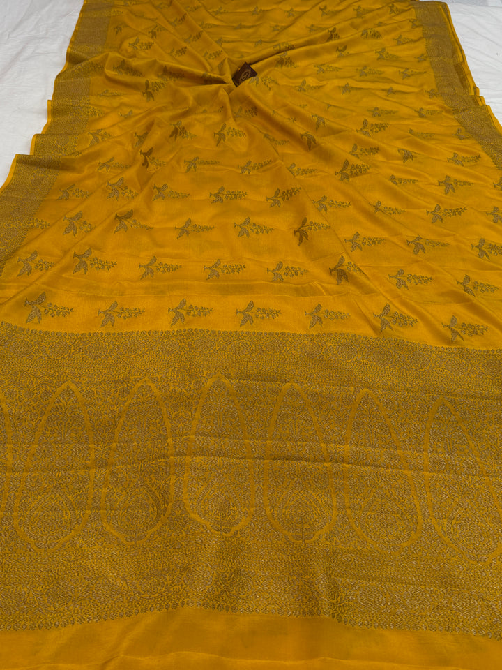 Mustard Yellow Pure Crepe Silk Handloom Banarasi Saree
