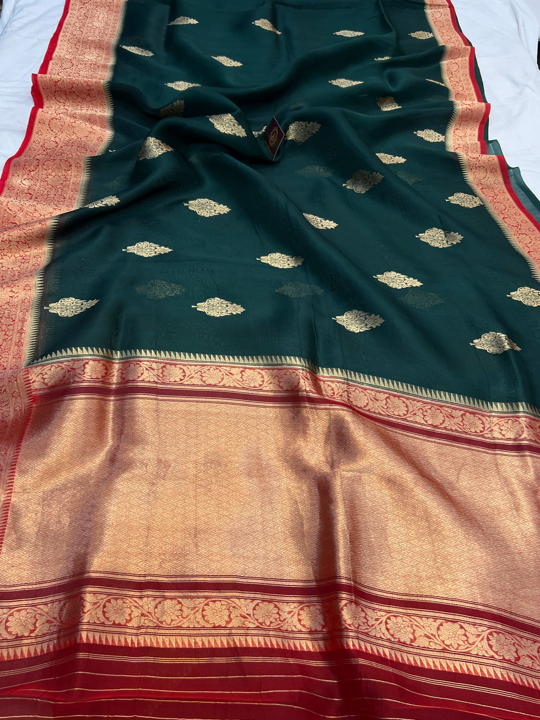 Bottle Green Banarasi Handloom Kora Silk Saree