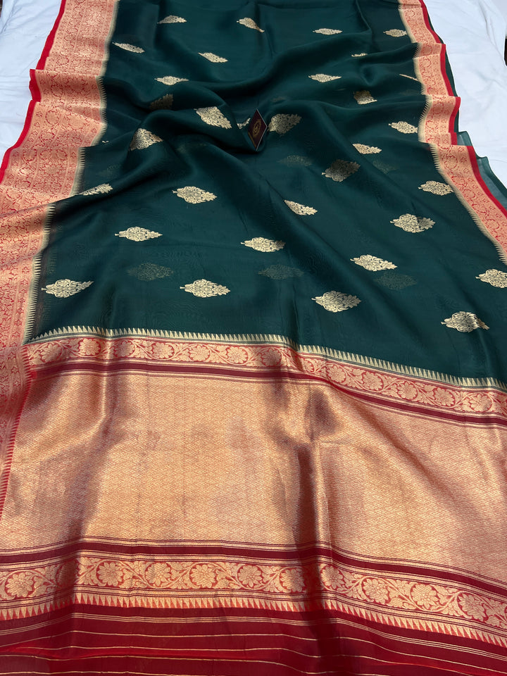 Bottle Green Banarasi Handloom Kora Silk Saree