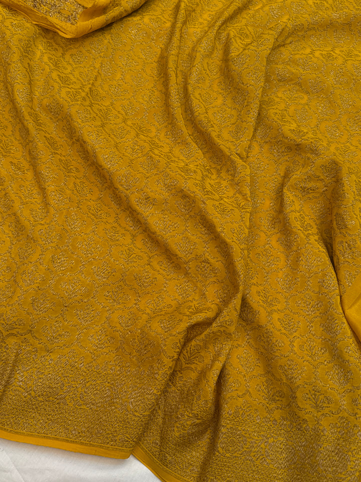 Mustard Yellow Pure Crepe Silk Handloom Banarasi Saree
