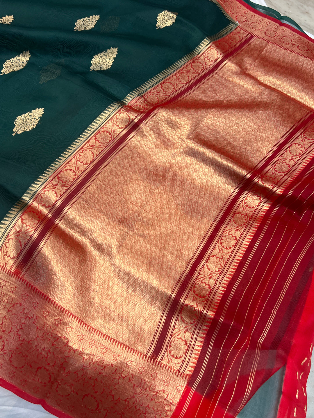 Bottle Green Banarasi Handloom Kora Silk Saree