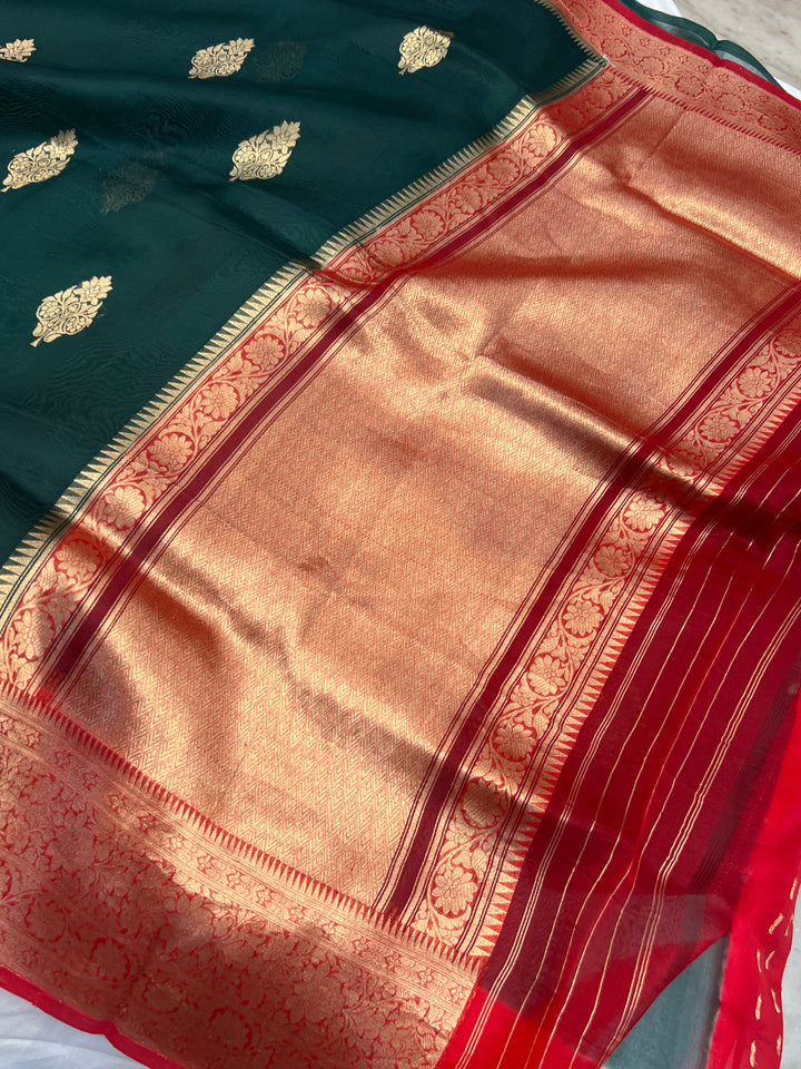 Bottle Green Banarasi Handloom Kora Silk Saree