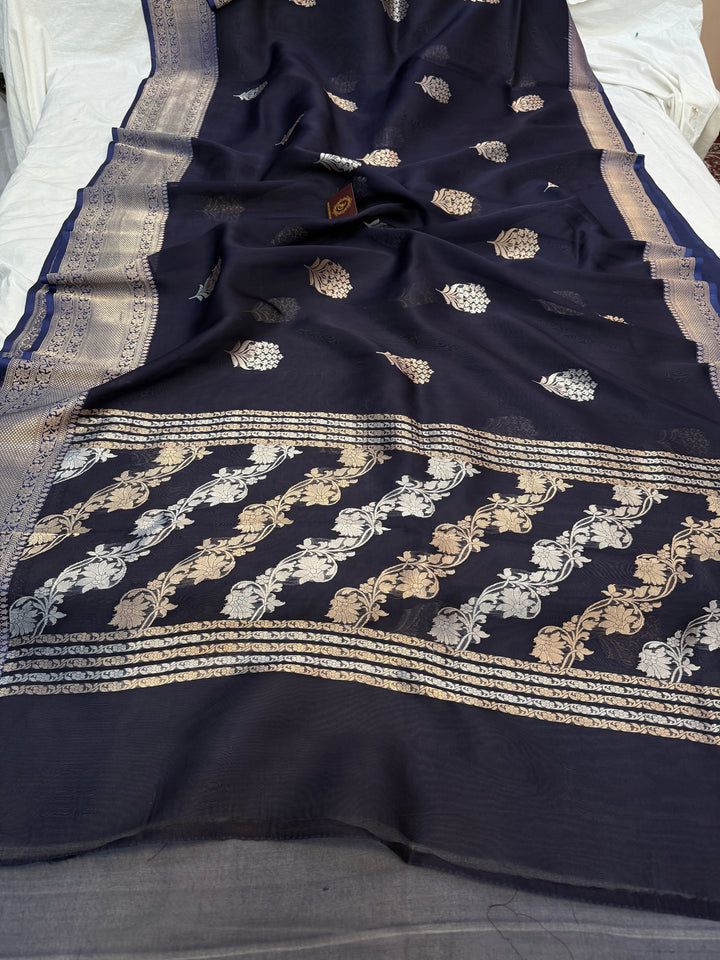 Navy Blue Pure Kora Silk Handloom Banarasi Saree