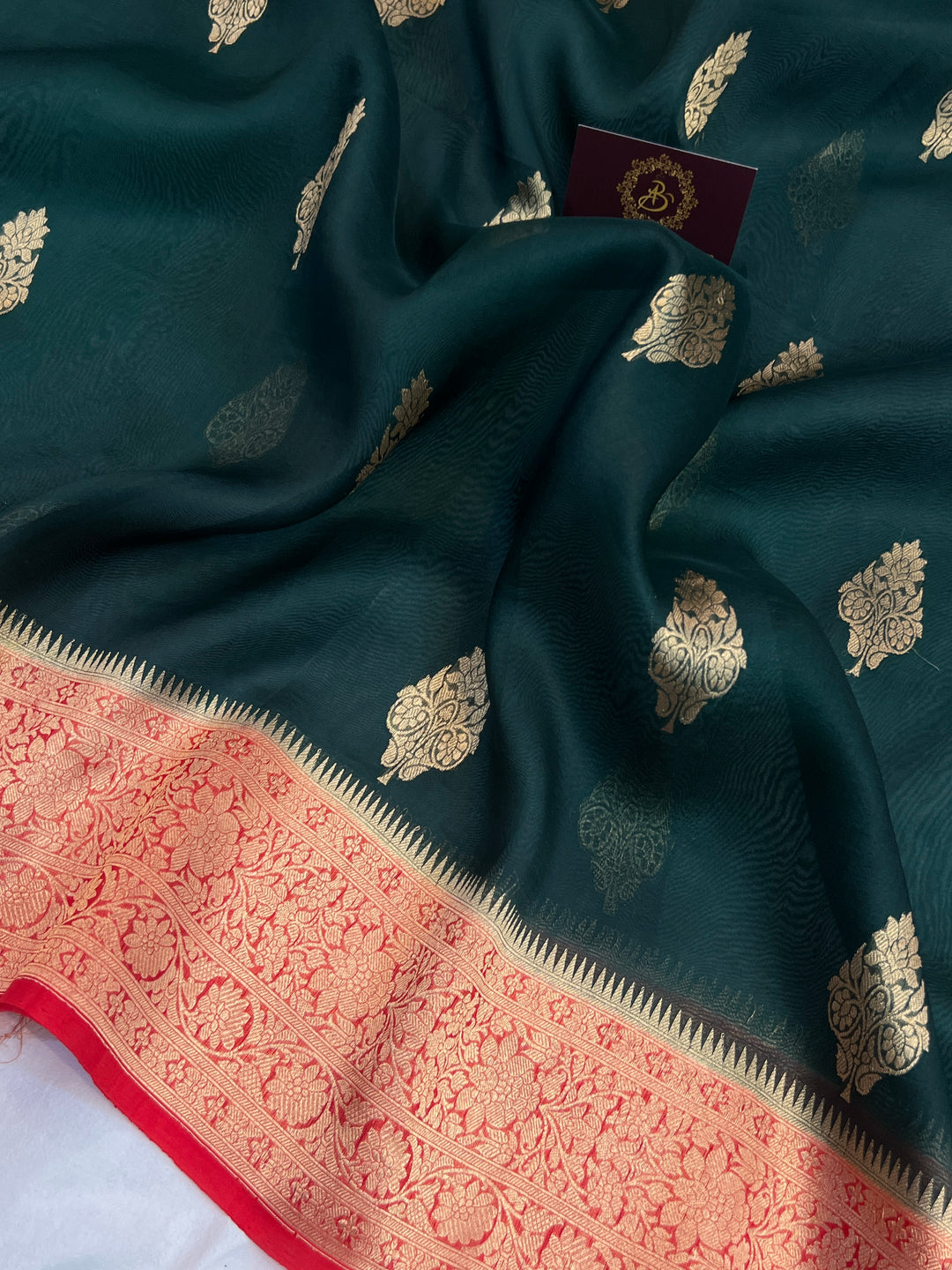 Bottle Green Banarasi Handloom Kora Silk Saree