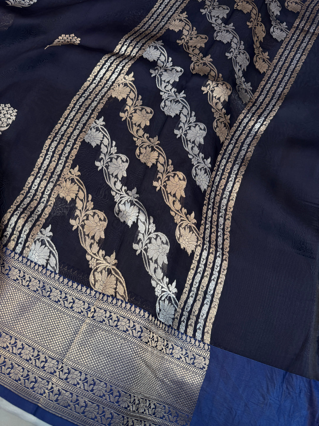 Navy Blue Pure Kora Silk Handloom Banarasi Saree