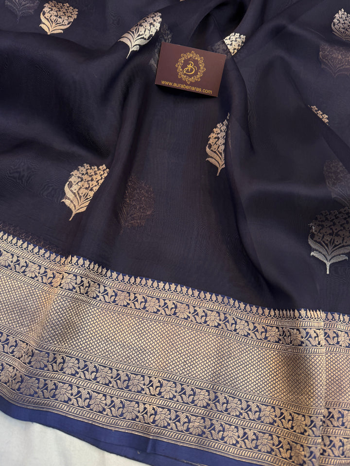 Navy Blue Pure Kora Silk Handloom Banarasi Saree