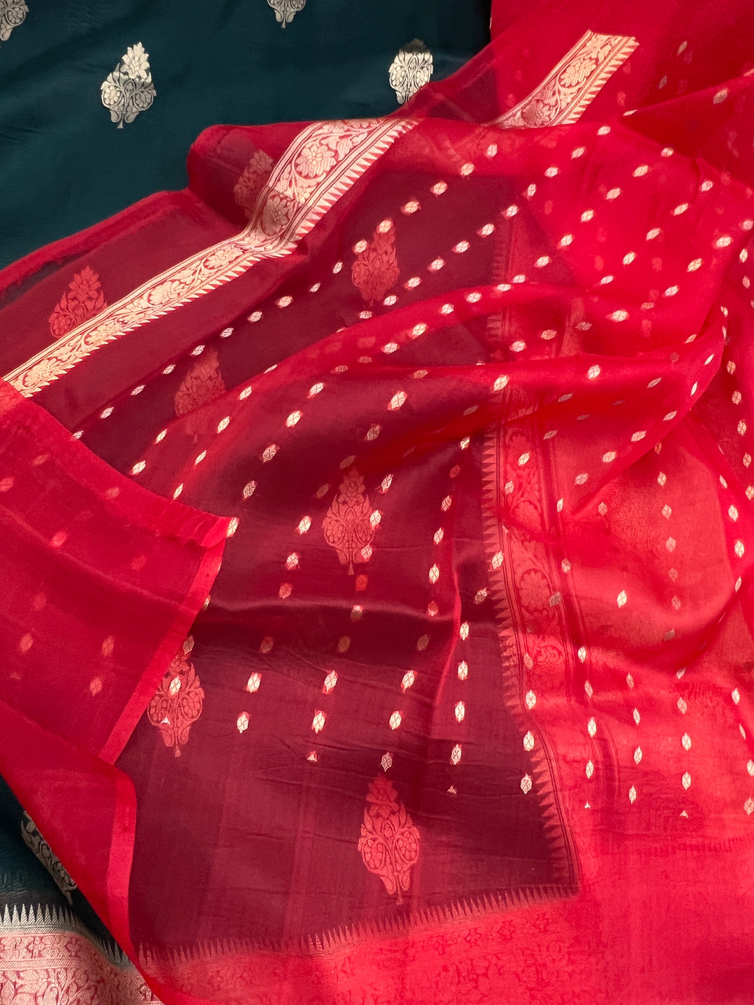Bottle Green Banarasi Handloom Kora Silk Saree