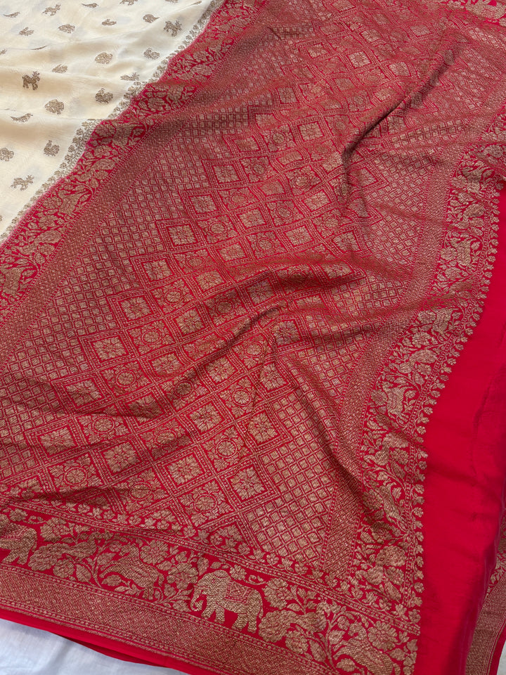 Cream Pure Crepe Silk Handloom Banarasi Saree