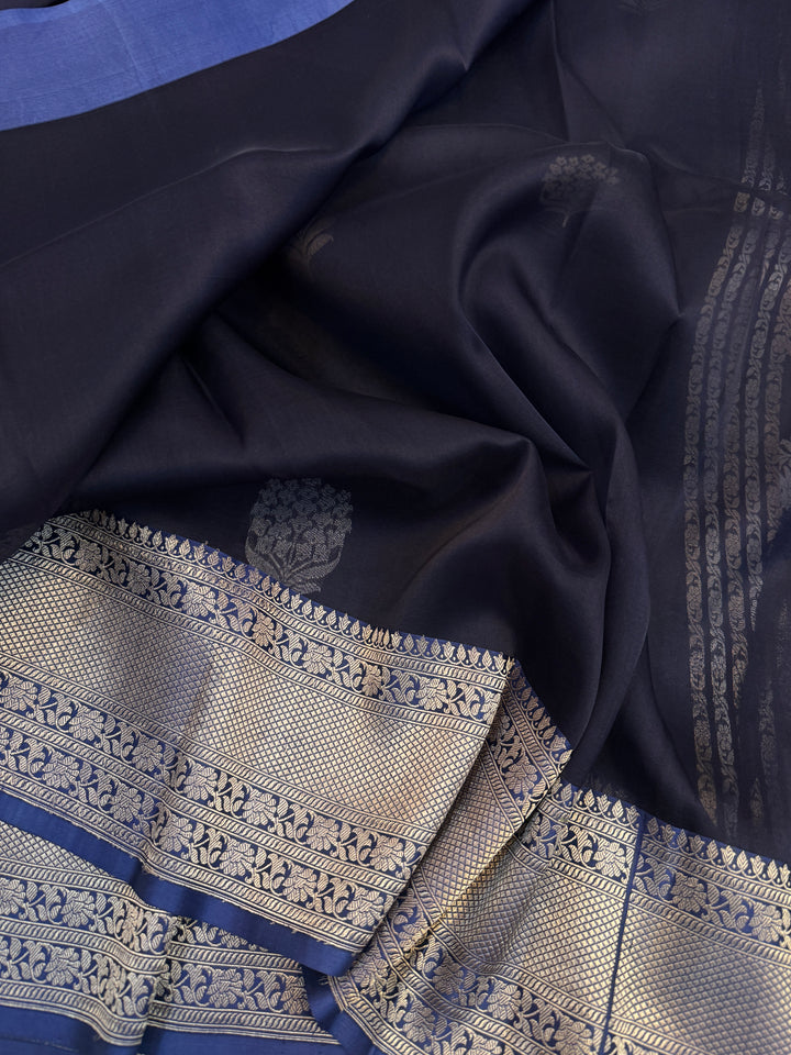 Navy Blue Pure Kora Silk Handloom Banarasi Saree